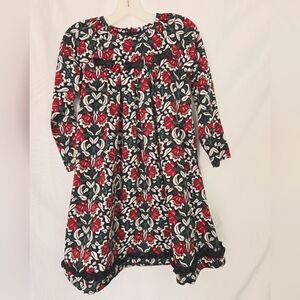 Hanna Anderson Red/Black Holiday Floral Fall Girls Cotton Dress Size 6-7